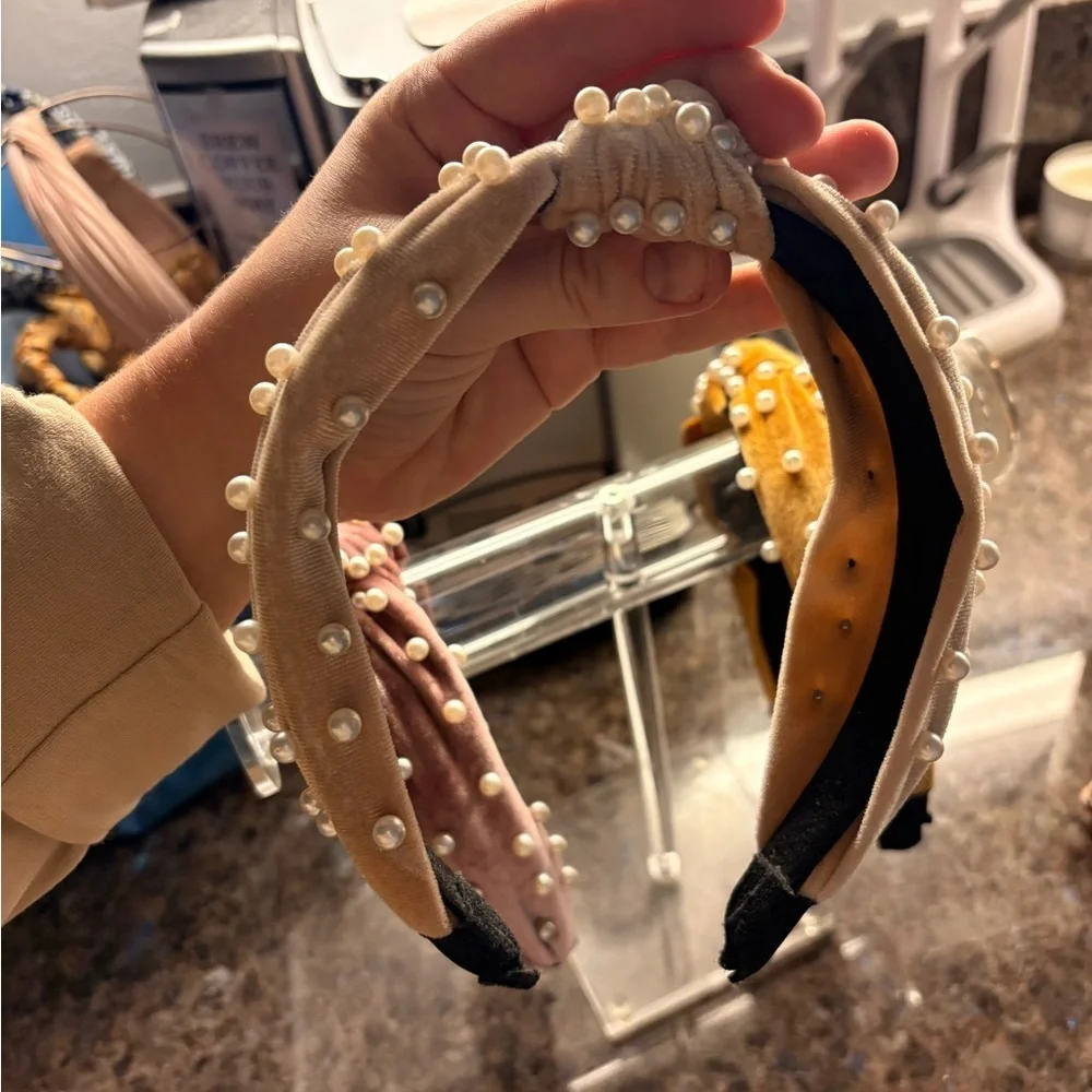 Elegant Velvet Pearl-Studded Knotted Headband Pack of 3 Pink, Cream, and Gold